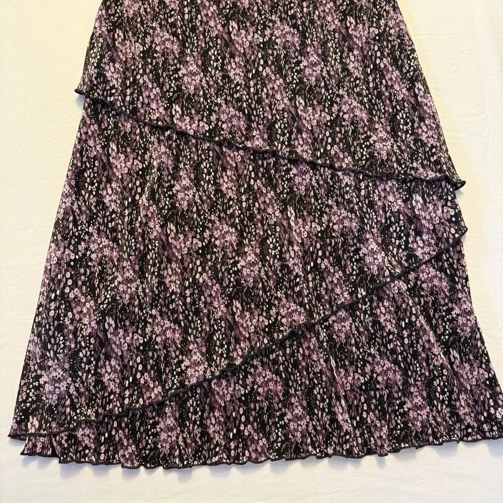 Connected Apparel Purple Abstract Tiered Dress | Pleated Midi | Size 10 NWT
